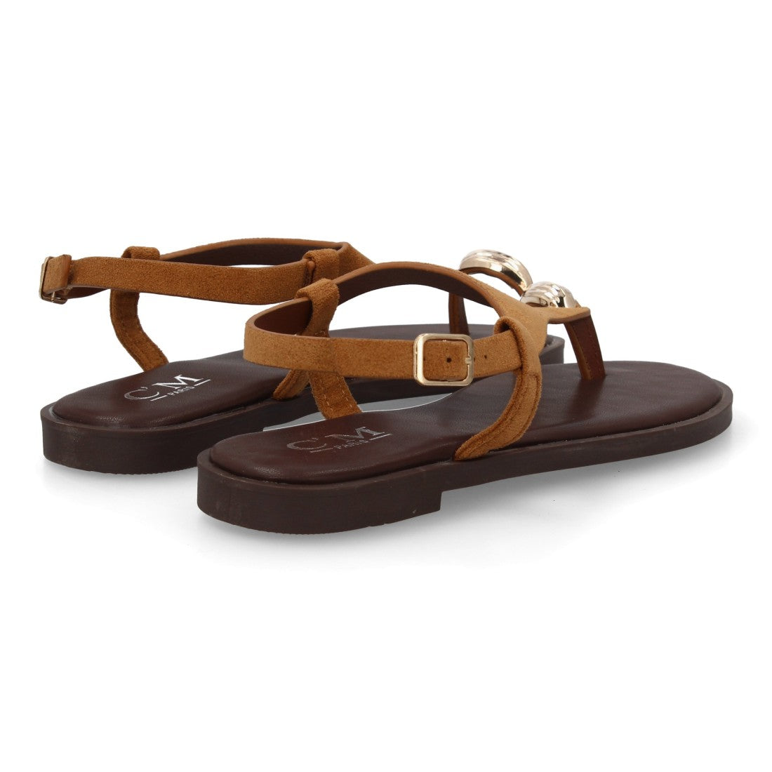 sandalia plana camel tira ancha mujer