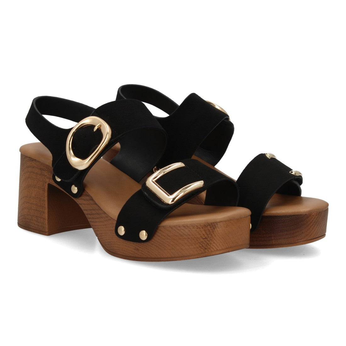 Sandalia plataforma madera negra tachuelas