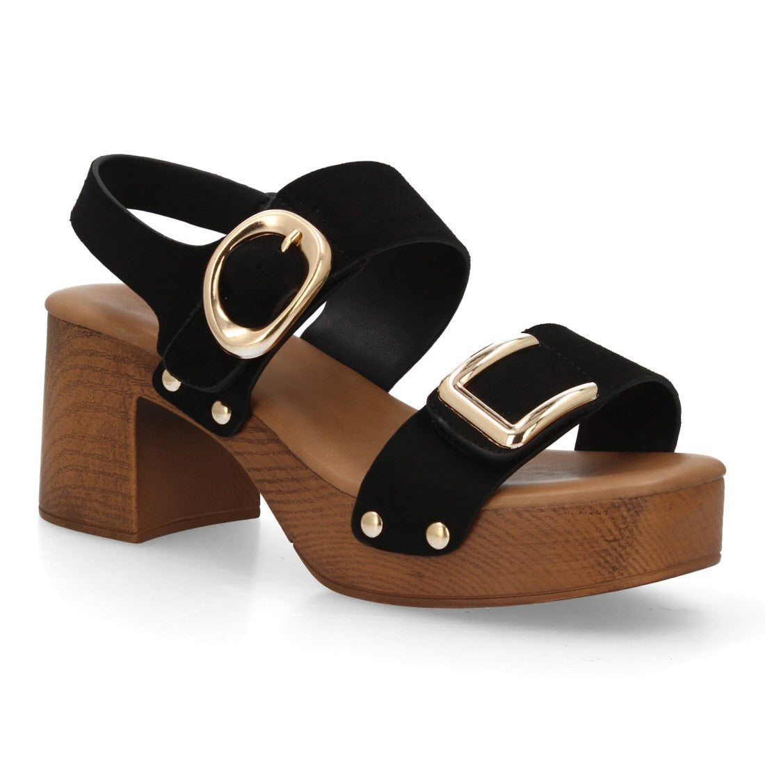 Sandalia plataforma madera negra tachuelas