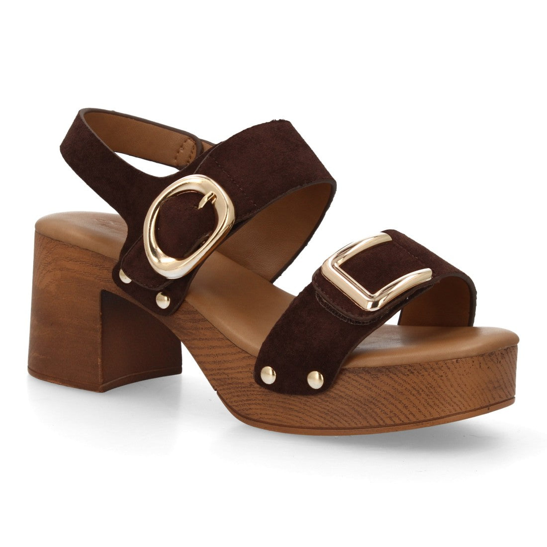 Sandalia plataforma madera marrón cuero