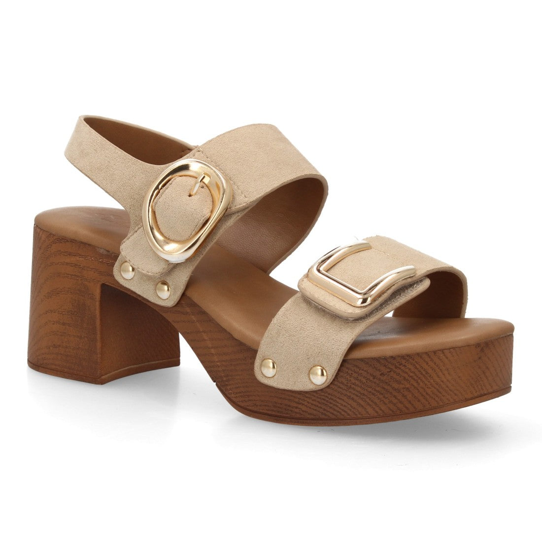 Sandalia plataforma madera beige tachuelas
