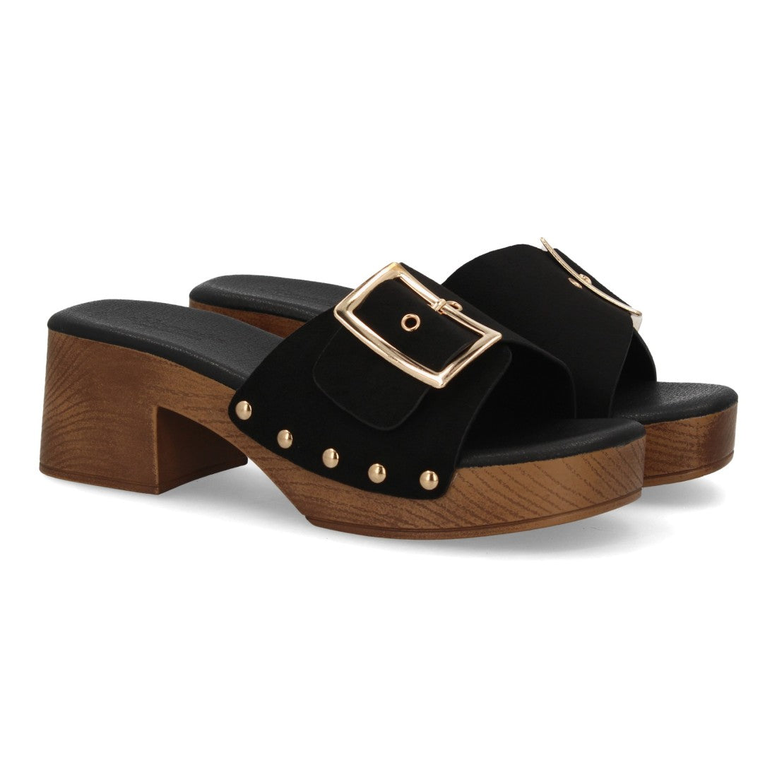 Zueco tacón madera negro mujer tachuelas