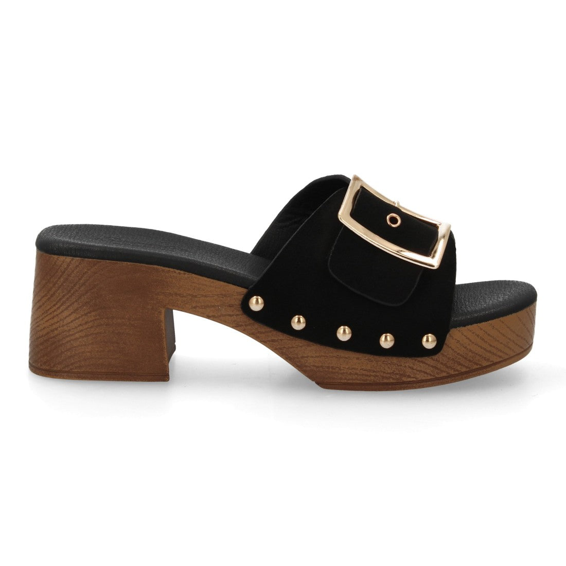 Zueco tacón madera negro mujer tachuelas