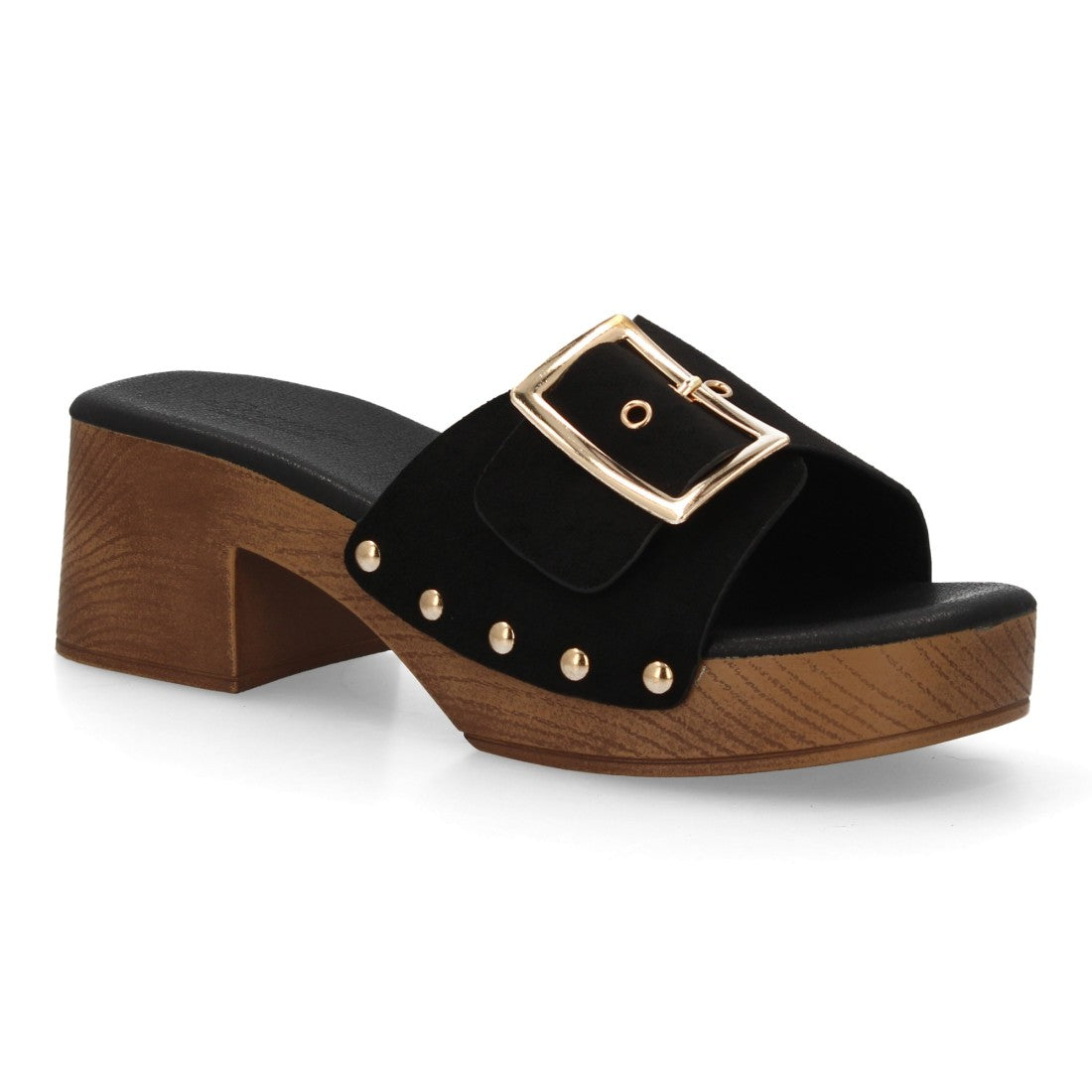 Zueco tacón madera negro mujer tachuelas