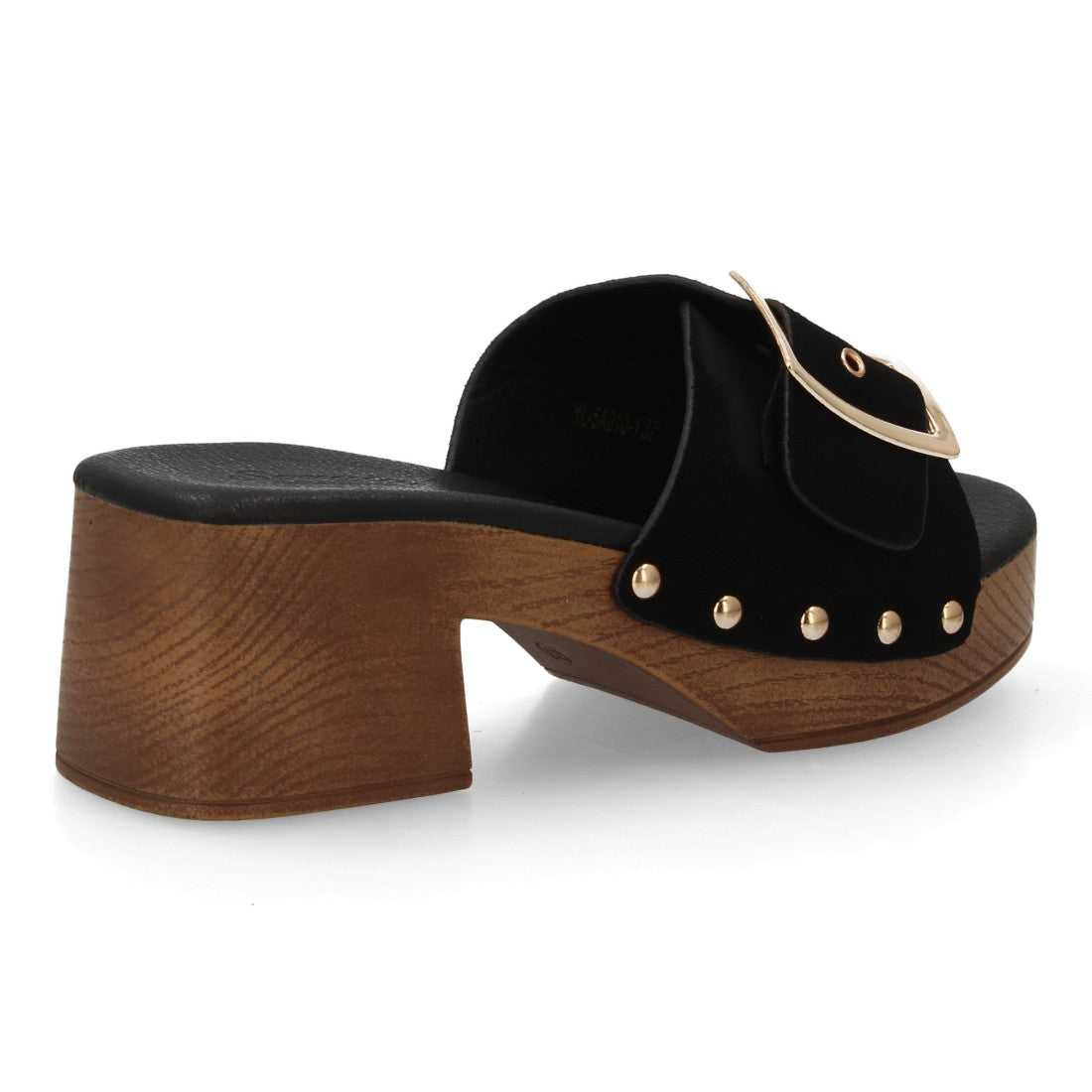 Zueco tacón madera negro mujer tachuelas