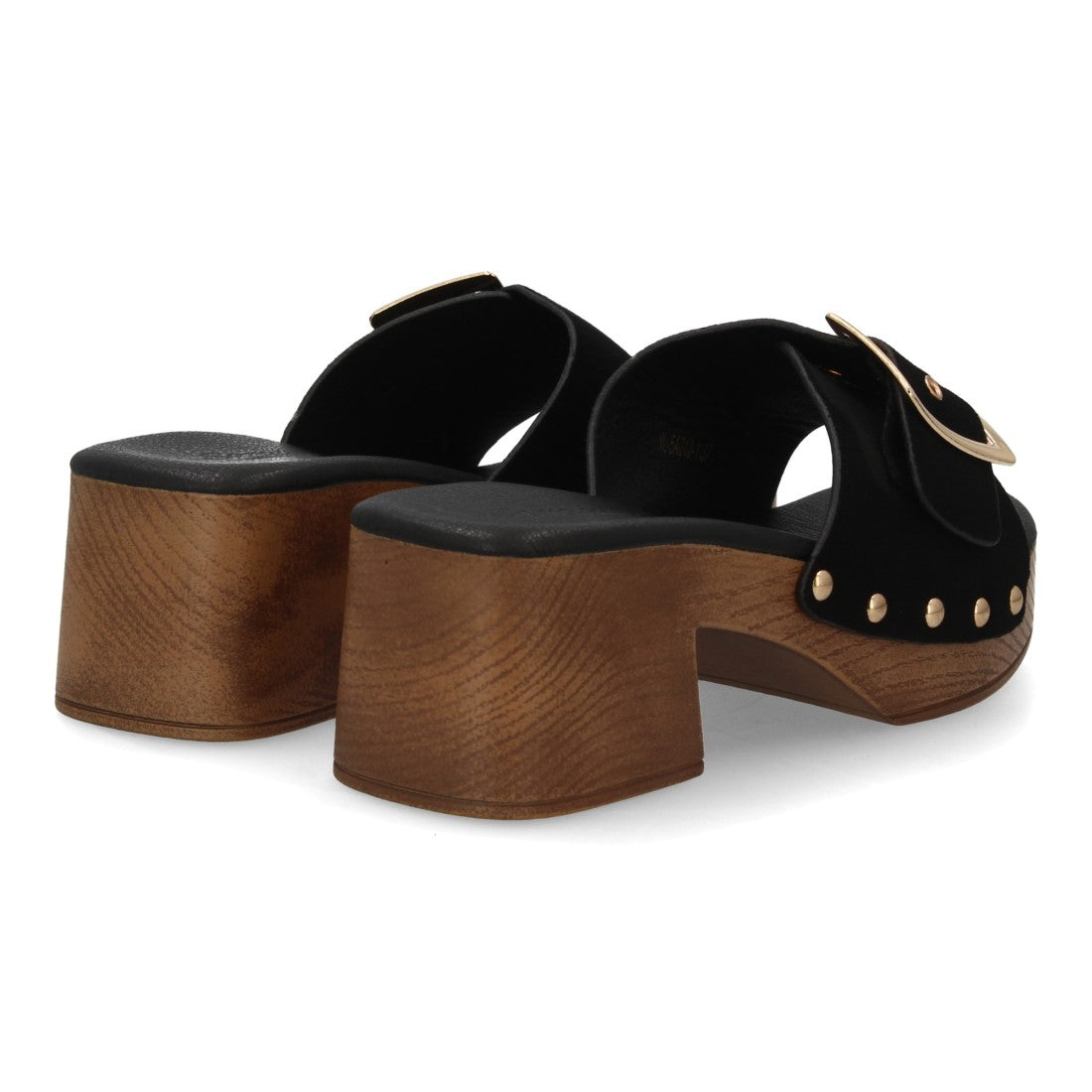 Zueco tacón madera negro mujer tachuelas