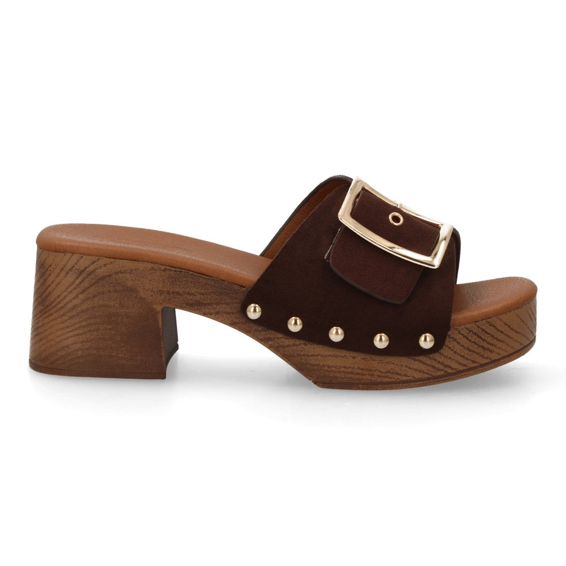 Zueco tacón madera marrón tachuelas mujer