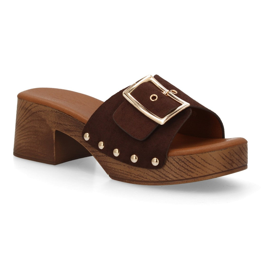 Zueco tacón madera marrón tachuelas mujer