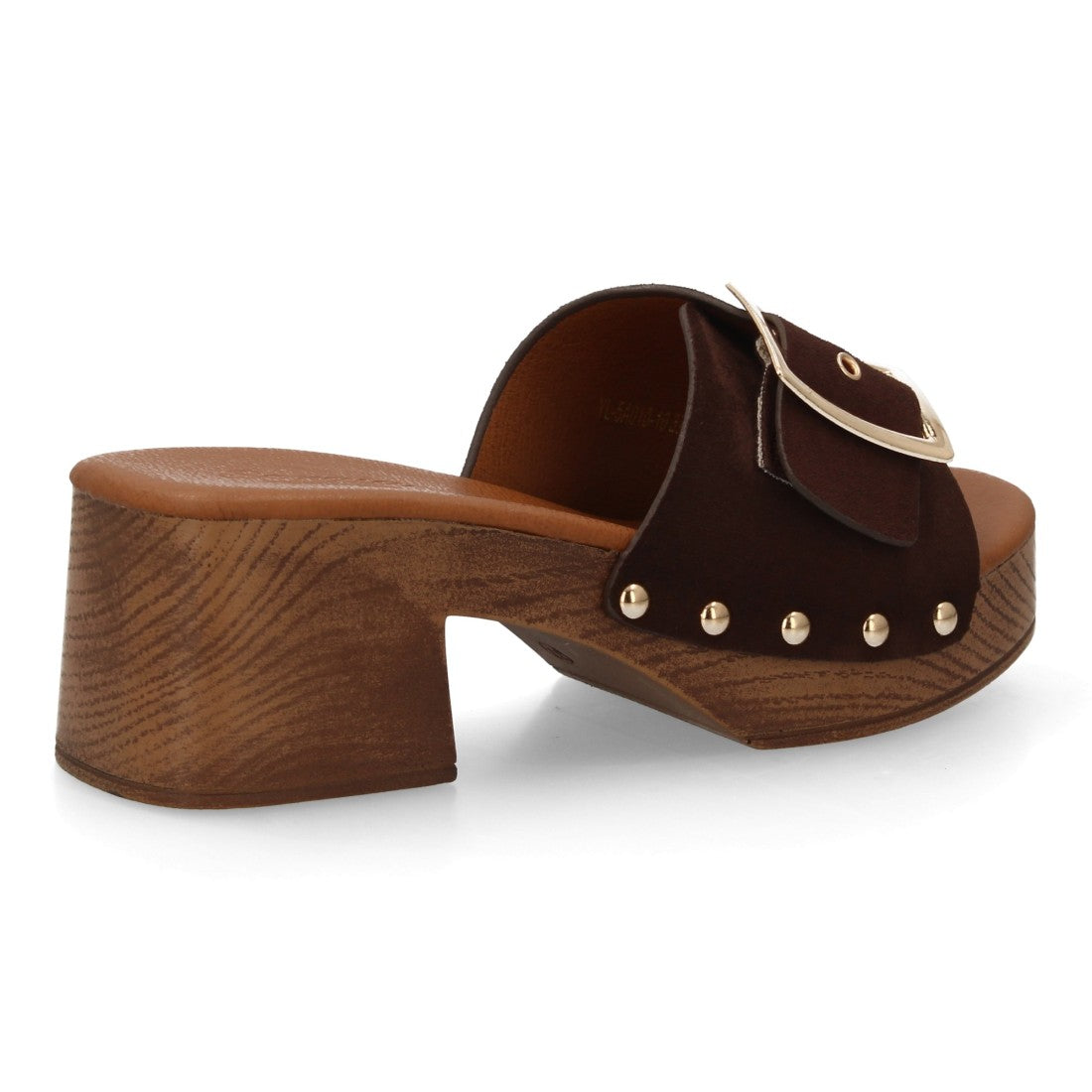 Zueco tacón madera marrón tachuelas mujer