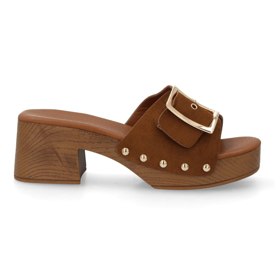 Zueco tacón madera camel mujer tachuelas