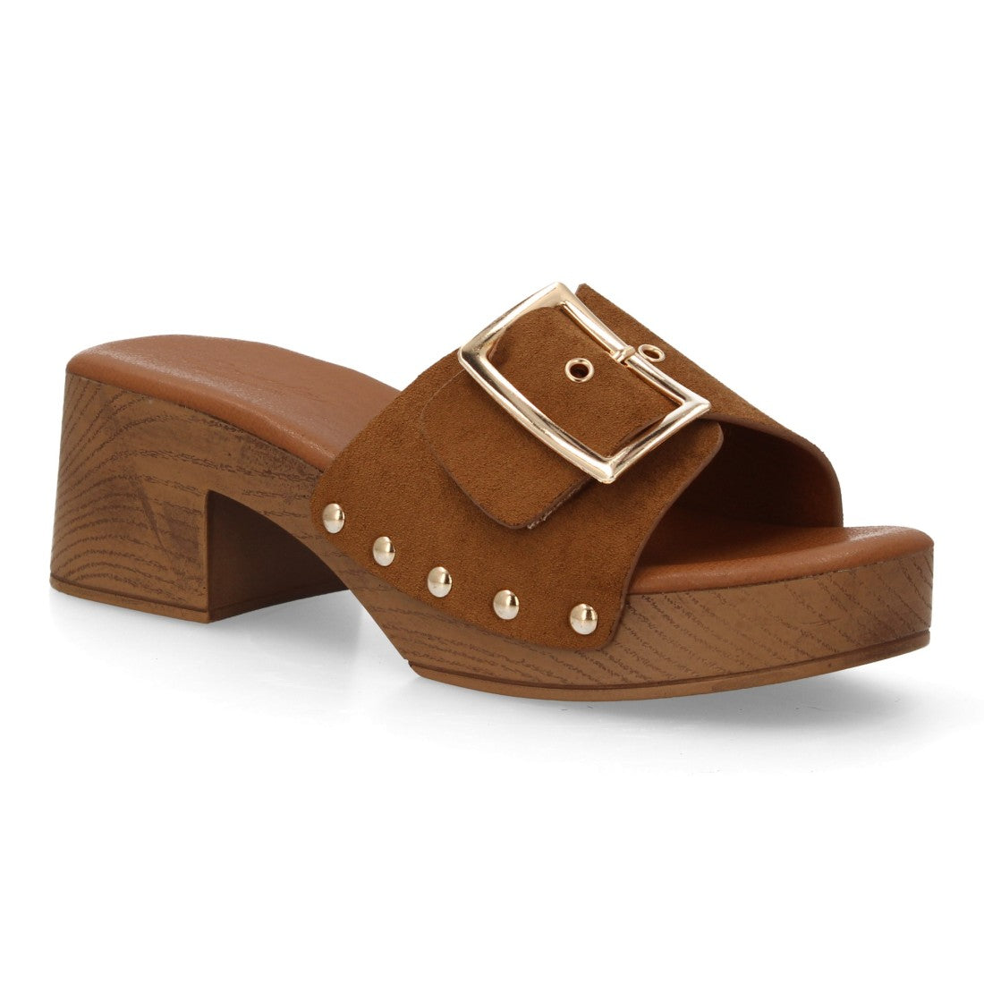 Zueco tacón madera camel mujer tachuelas