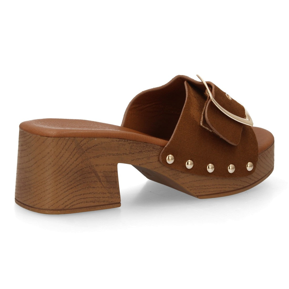 Zueco tacón madera camel mujer tachuelas