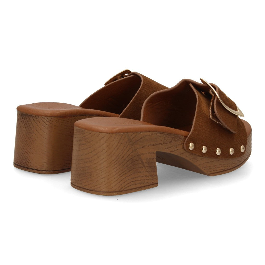 Zueco tacón madera camel mujer tachuelas