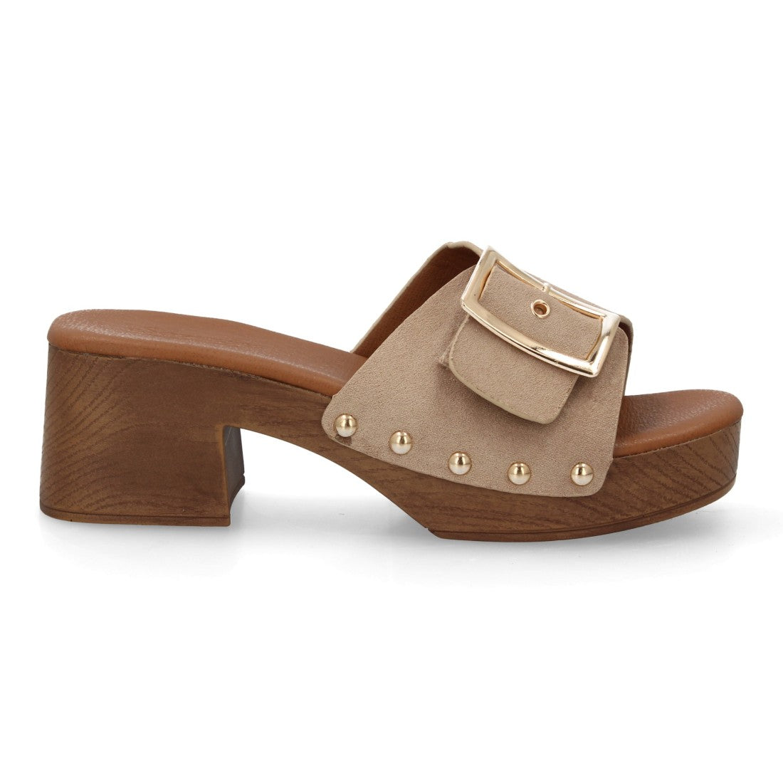 Zueco tacón madera beige tachuelas retro