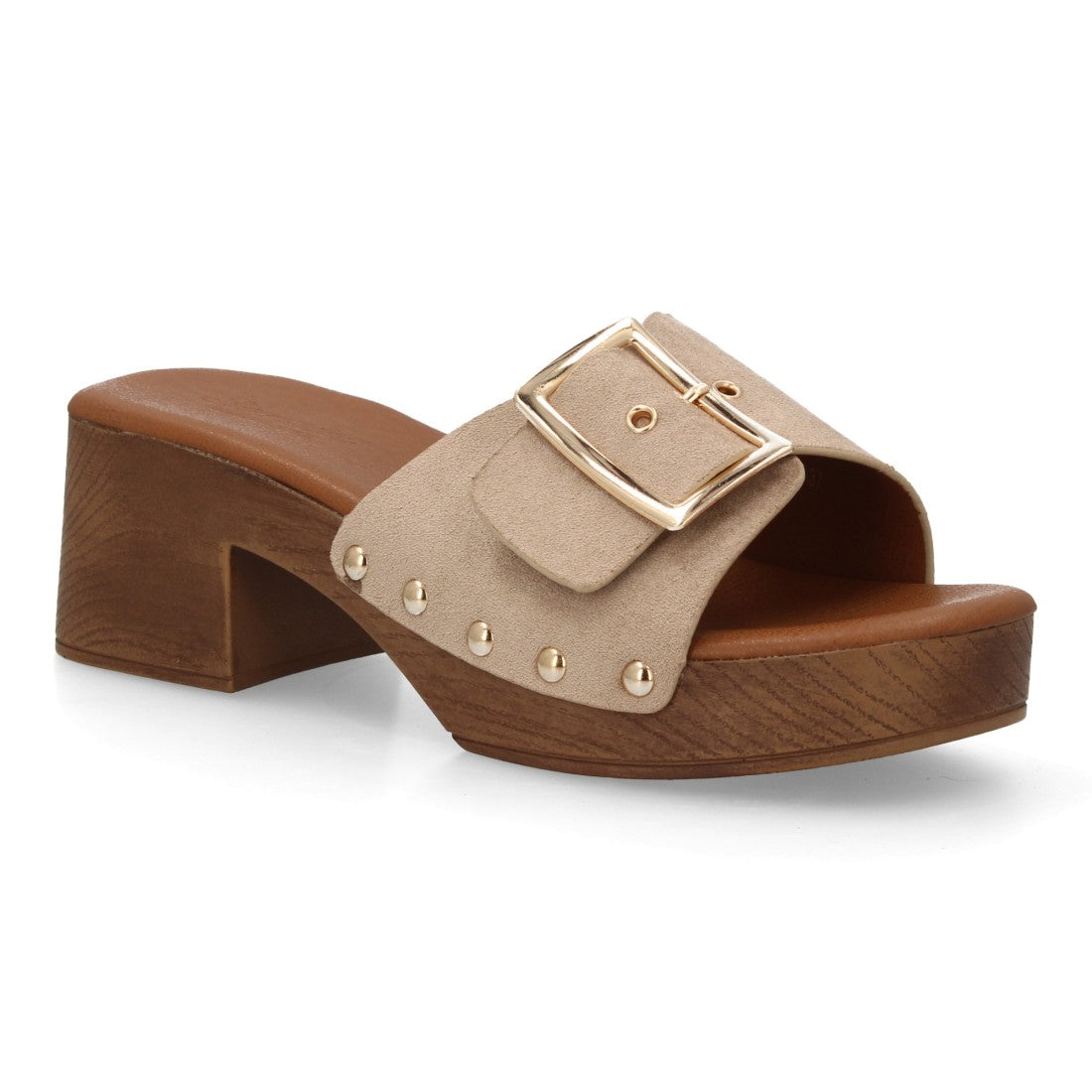 Zueco tacón madera beige tachuelas retro