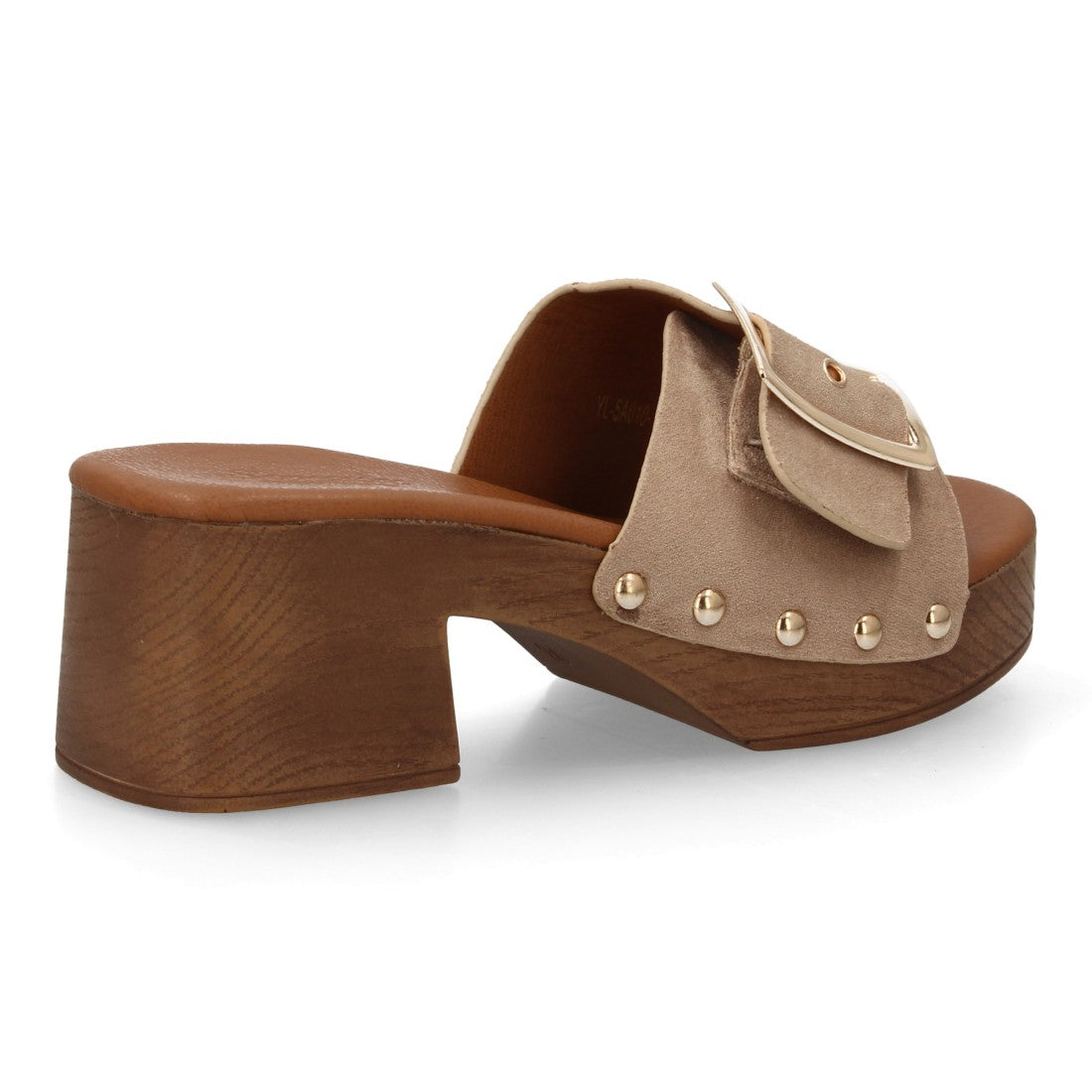 Zueco tacón madera beige tachuelas retro