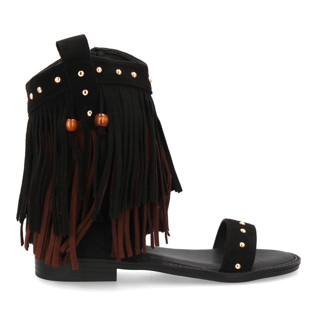 Sandalia negra boho flecos y tachuelas