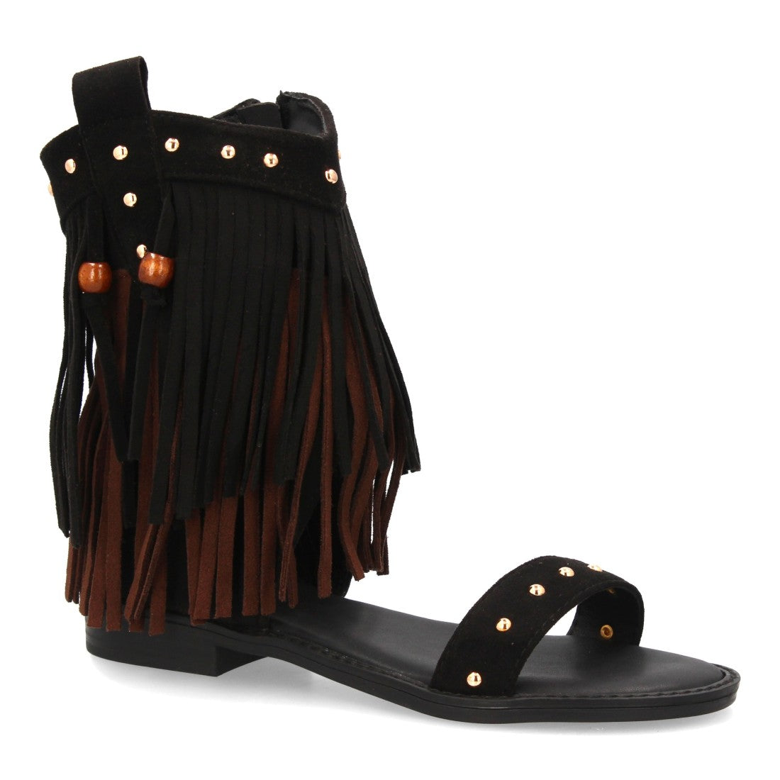 Sandalia negra boho flecos y tachuelas
