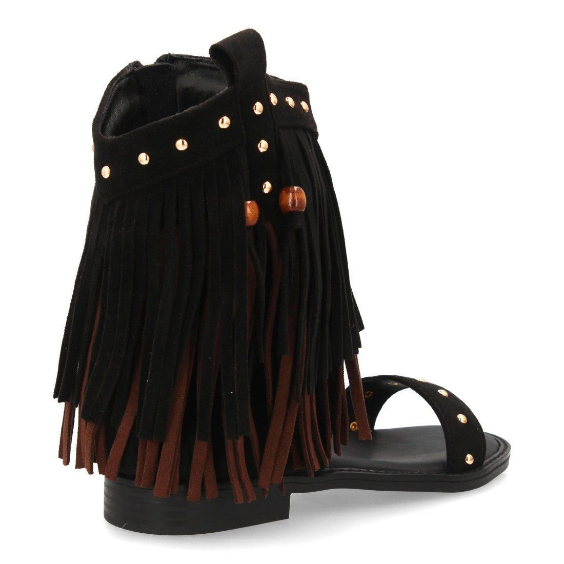 Sandalia negra boho flecos y tachuelas
