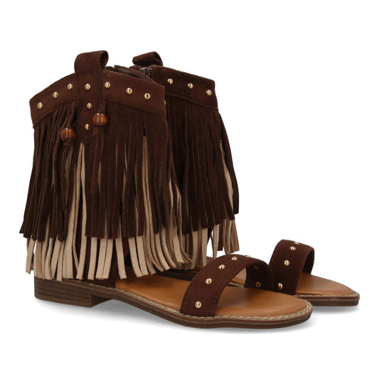 Sandalia marrón estilo boho flecos mujer