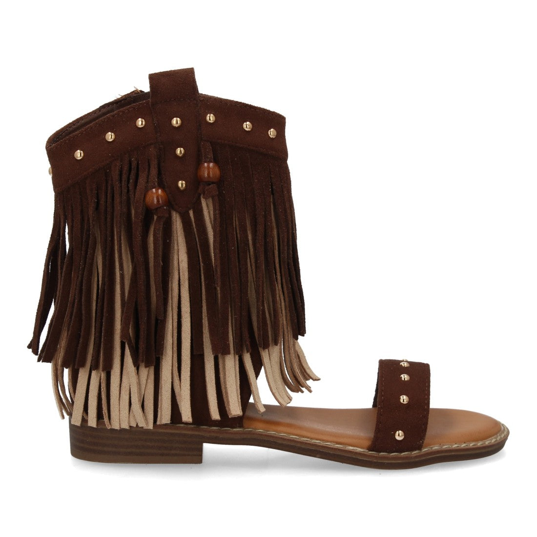 Sandalia marrón estilo boho flecos mujer