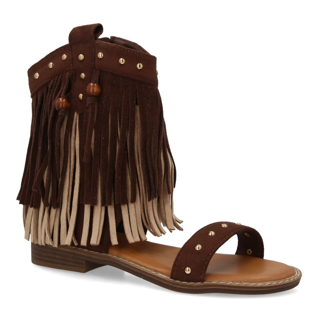 Sandalia marrón estilo boho flecos mujer