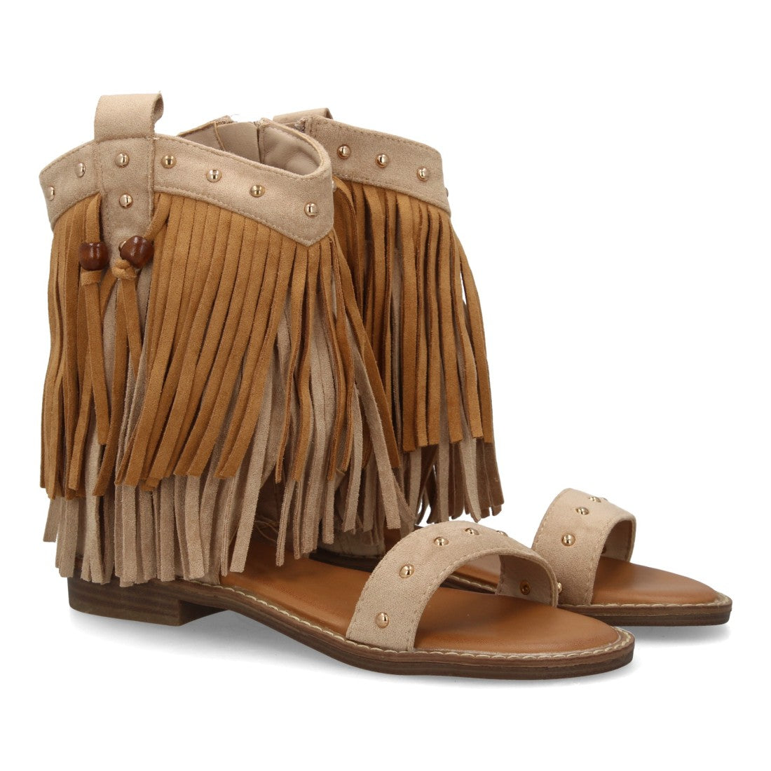 Sandalia boho kaki flecos tachuelas mujer