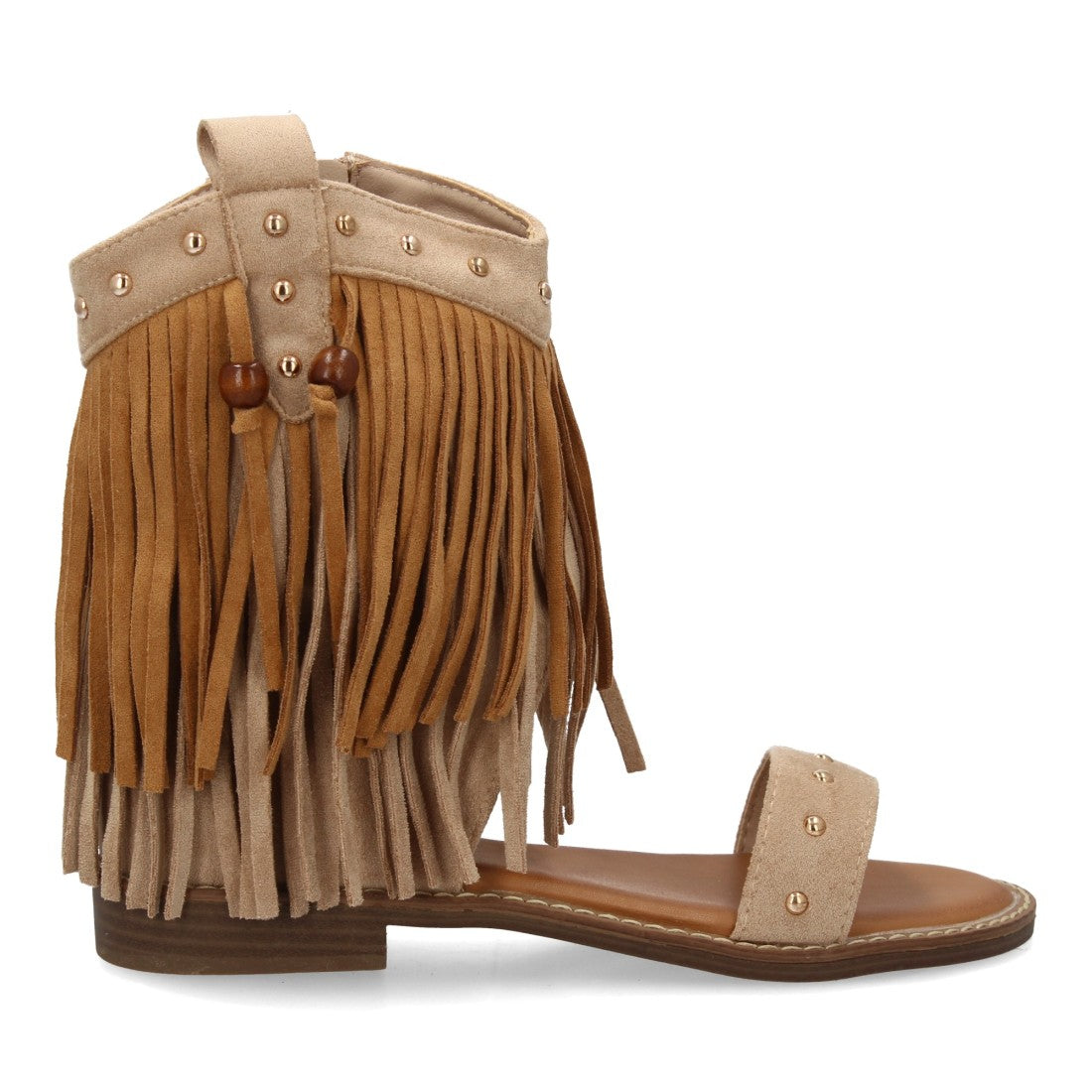 Sandalia boho kaki flecos tachuelas mujer