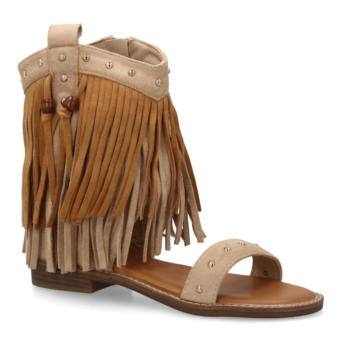 Sandalia boho kaki flecos tachuelas mujer