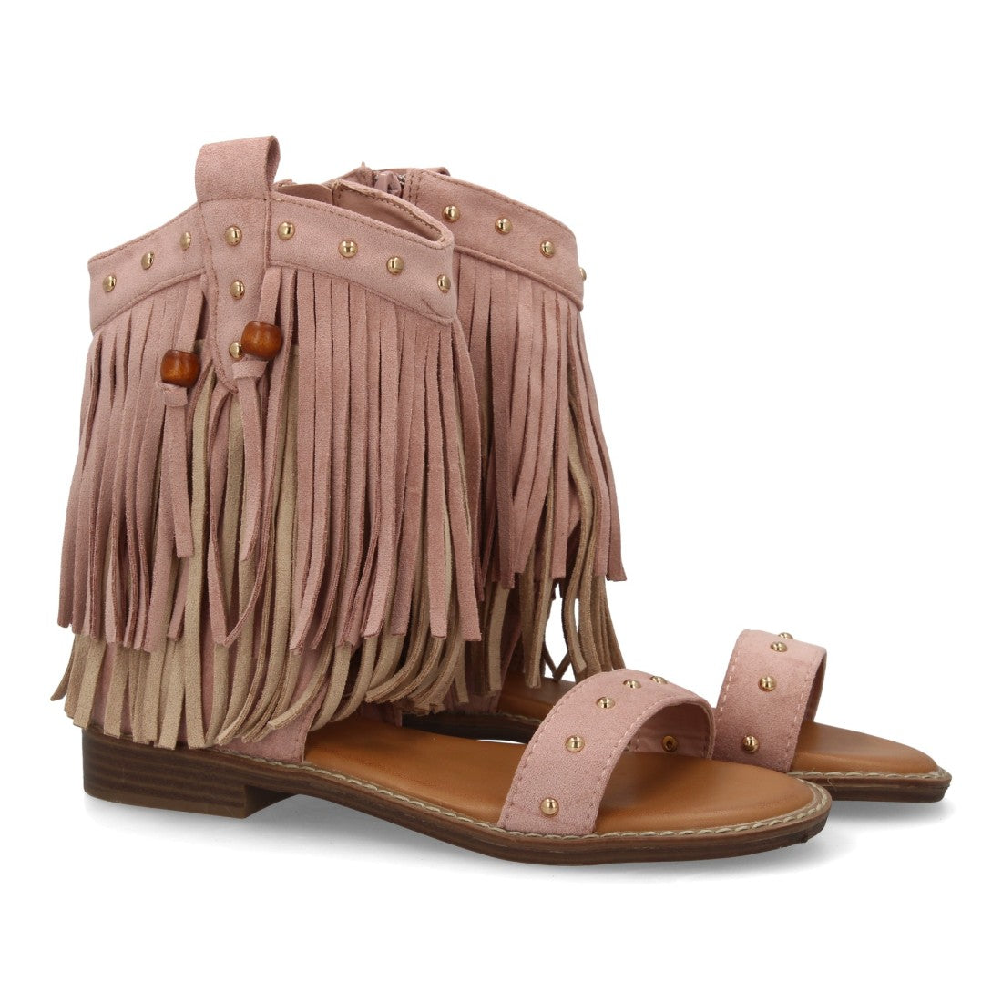 Sandalia rosa boho flecos tachuelas