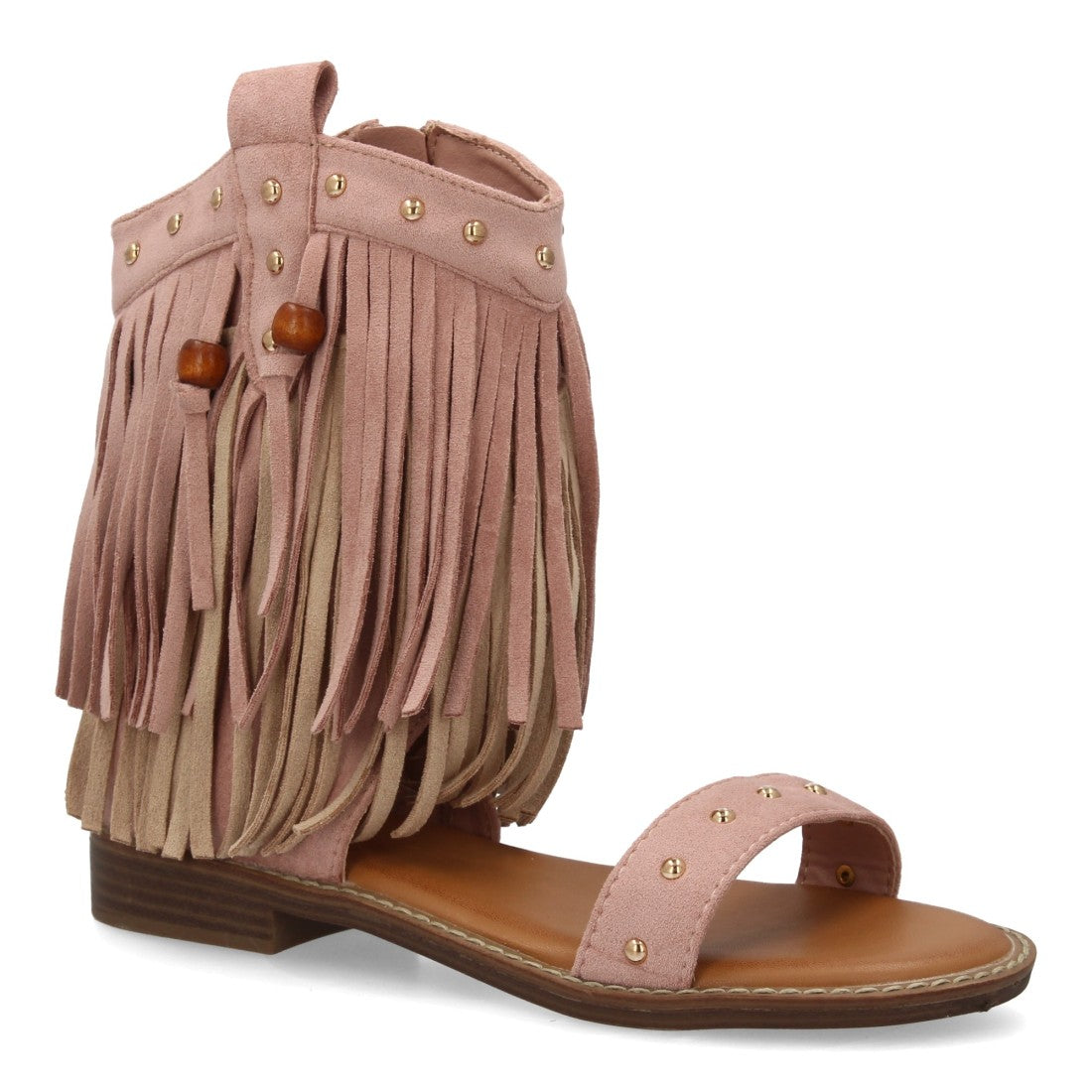 Sandalia rosa boho flecos tachuelas