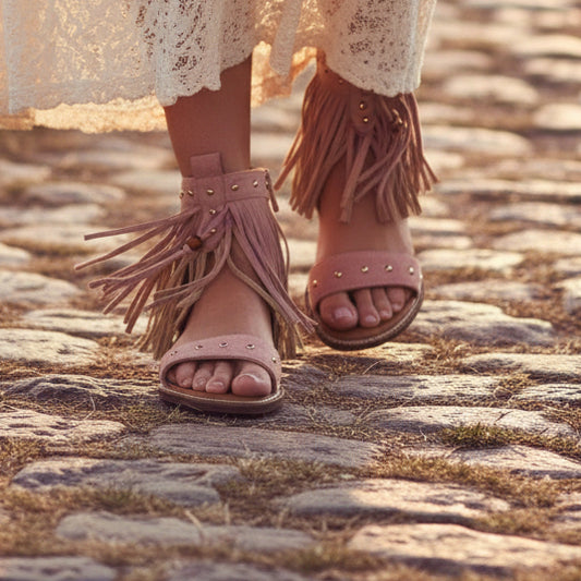 Sandalia rosa boho flecos tachuelas