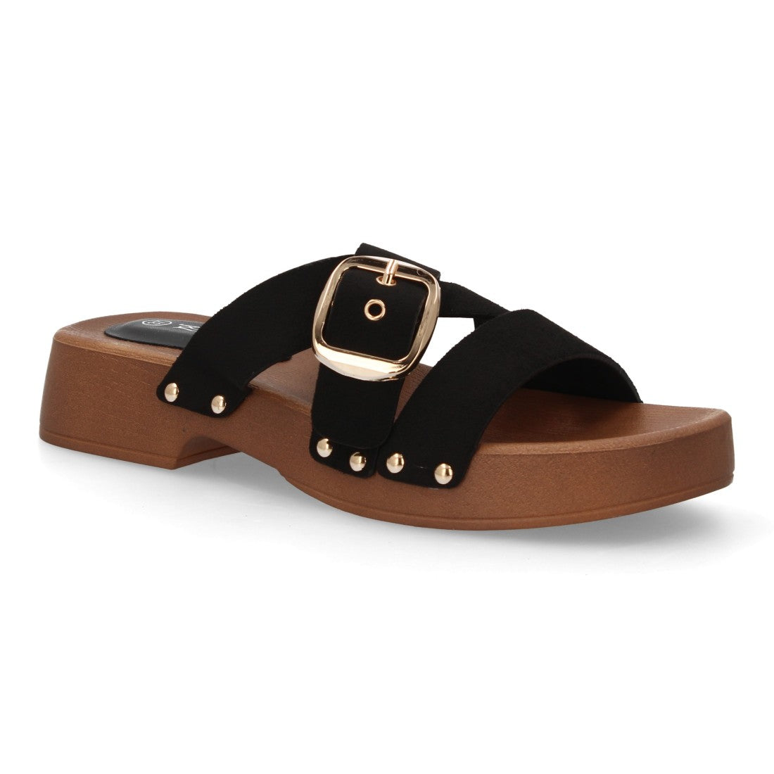 Sandalia pala negra plataforma madera mujer