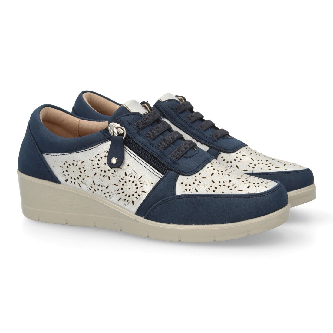 Zapatillas slip on mujer marino caladas con cierre cremallera