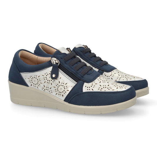 Zapatillas slip on mujer marino caladas con cierre cremallera