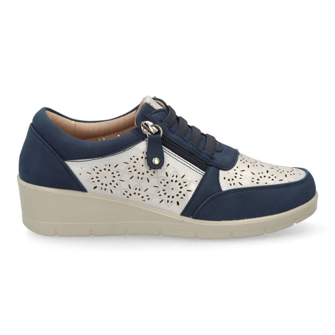 Zapatillas slip on mujer marino caladas con cierre cremallera