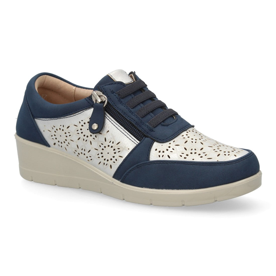 Zapatillas slip on mujer marino caladas con cierre cremallera
