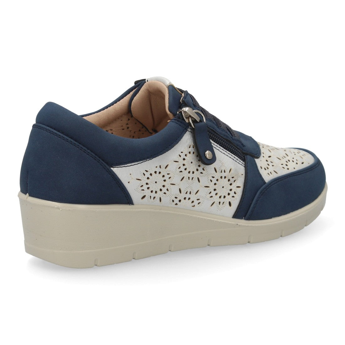 Zapatillas slip on mujer marino caladas con cierre cremallera