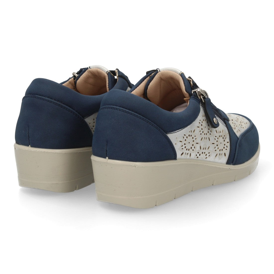 Zapatillas slip on mujer marino caladas con cierre cremallera