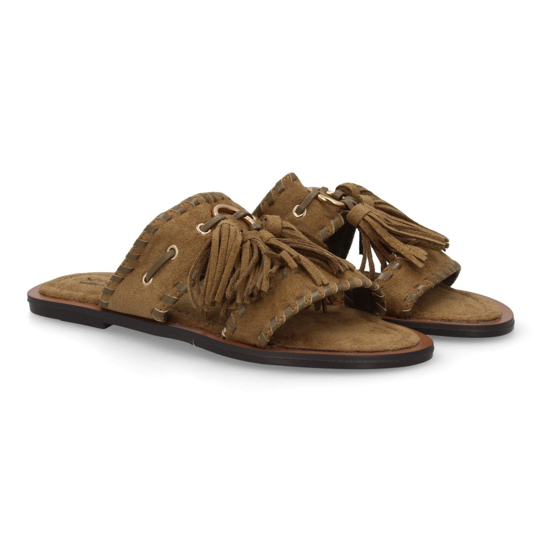 Sandalia pala mujer verde diseño boho flecos aro