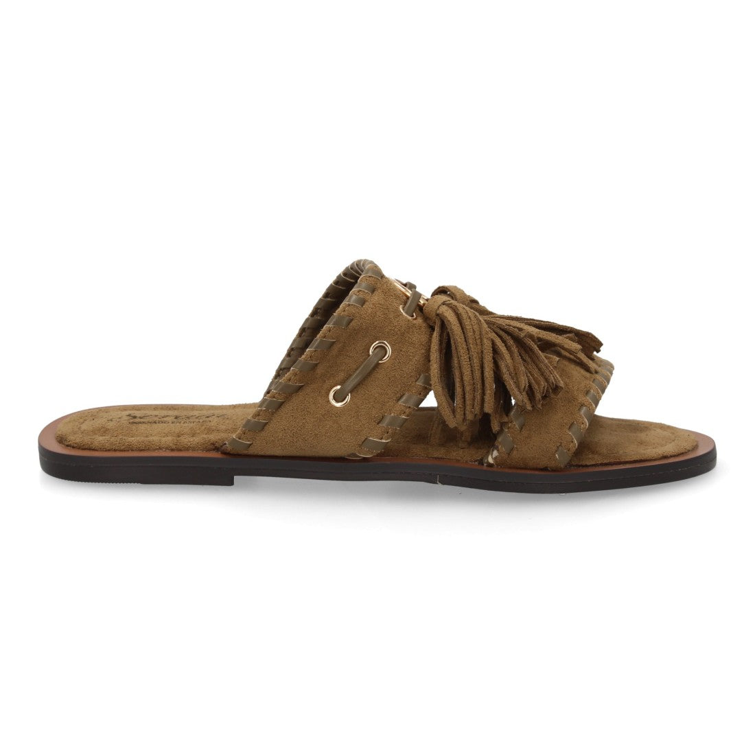 Sandalia pala mujer verde diseño boho flecos aro