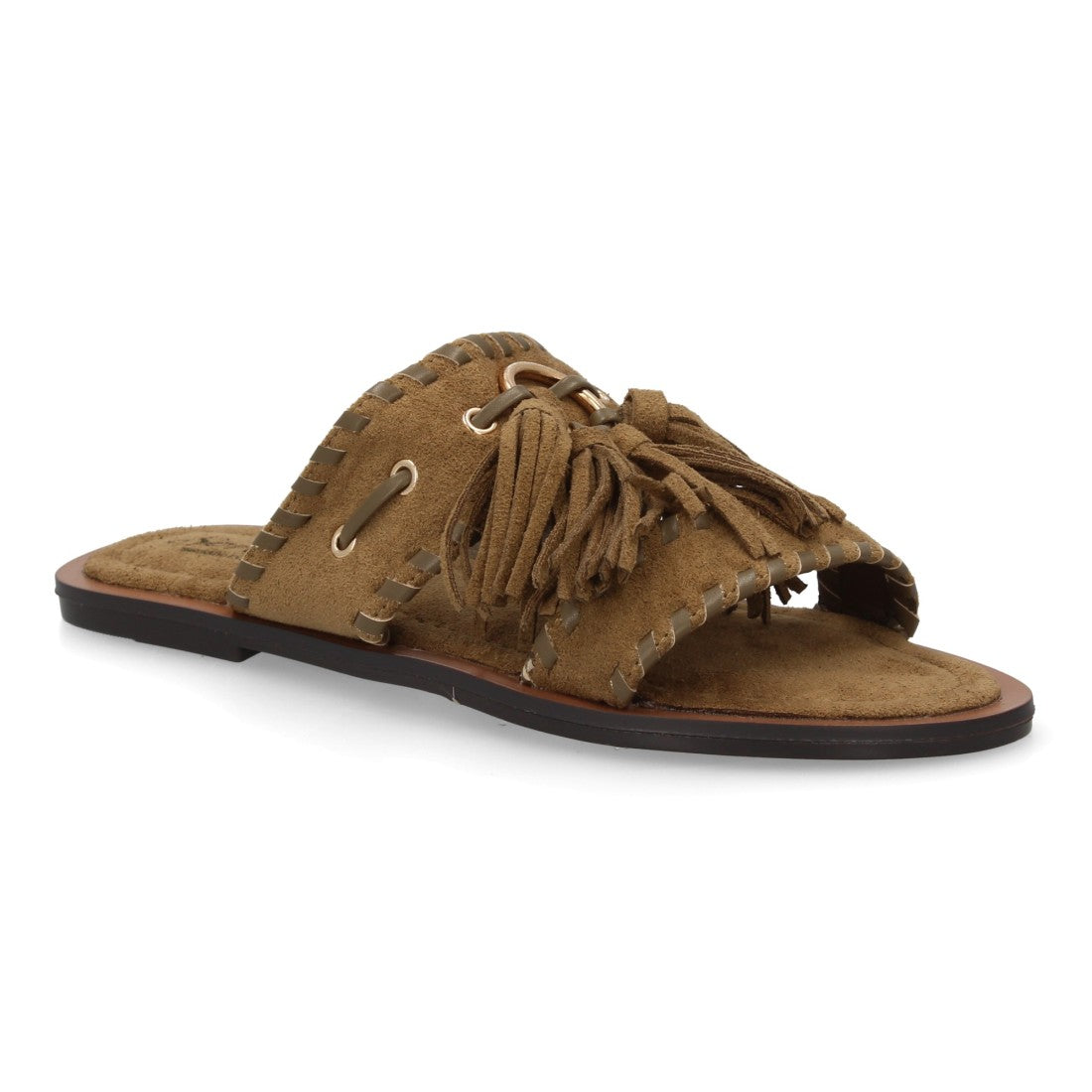 Sandalia pala mujer verde diseño boho flecos aro