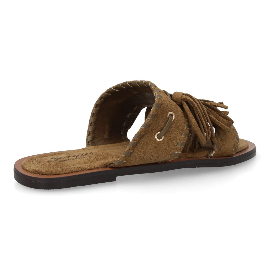 Sandalia pala mujer verde diseño boho flecos aro