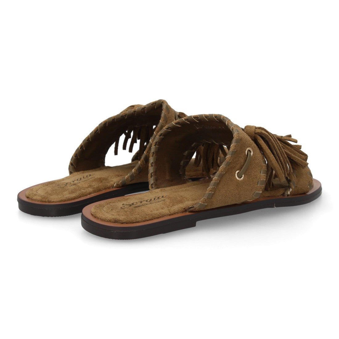 Sandalia pala mujer verde diseño boho flecos aro