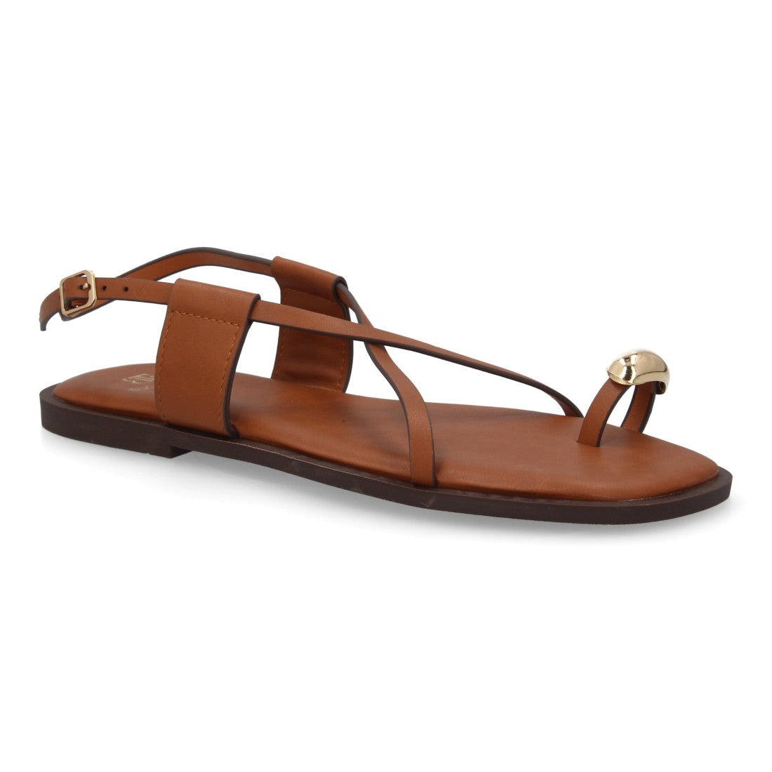 Sandalia plana cuero para mujer con detalle de hebilla ajustable.