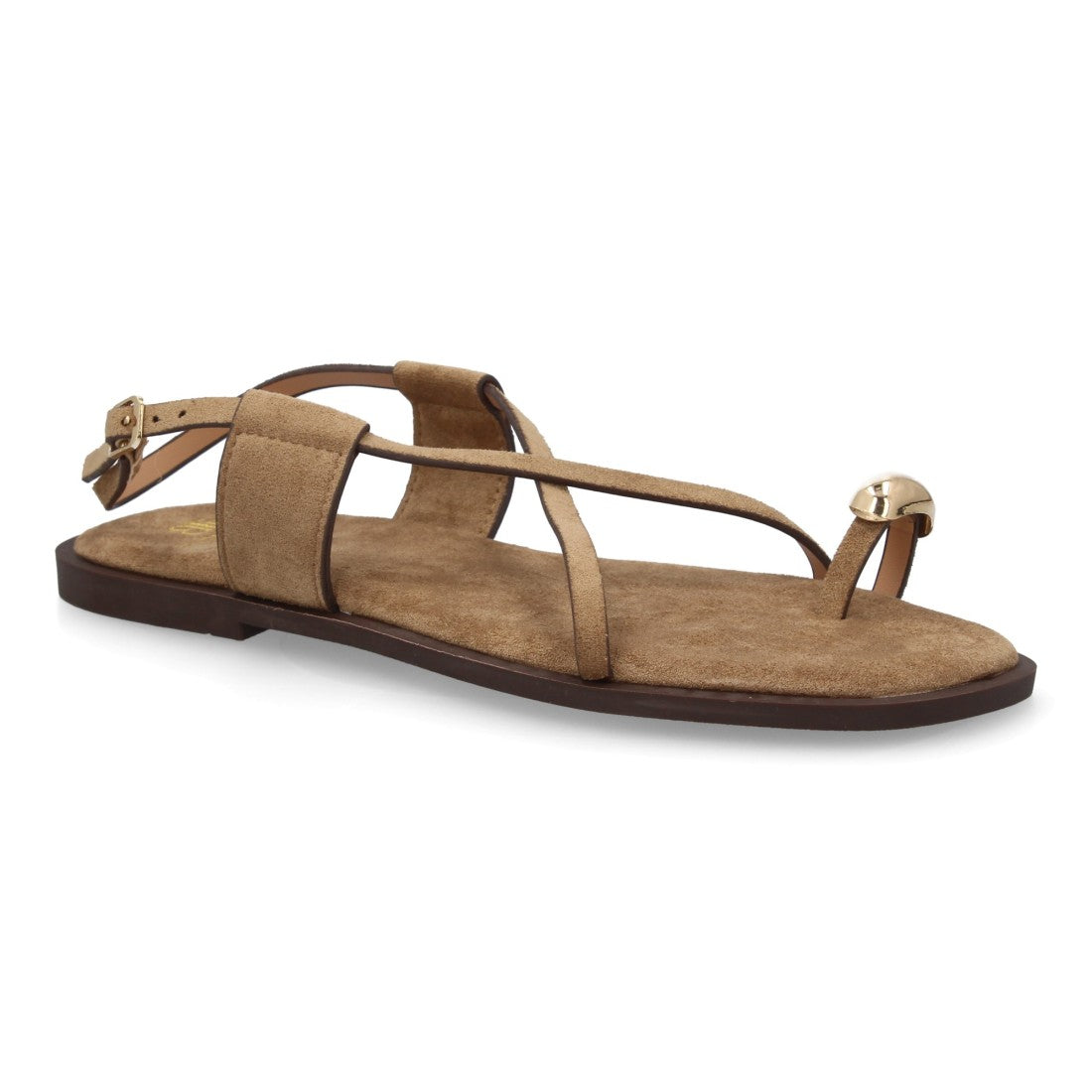 Sandalia plana beige mujer con tira frontal y cierre de hebilla.