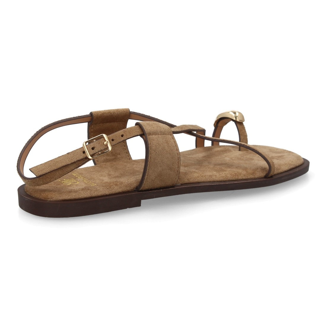 Sandalia plana beige mujer con tira frontal y cierre de hebilla.