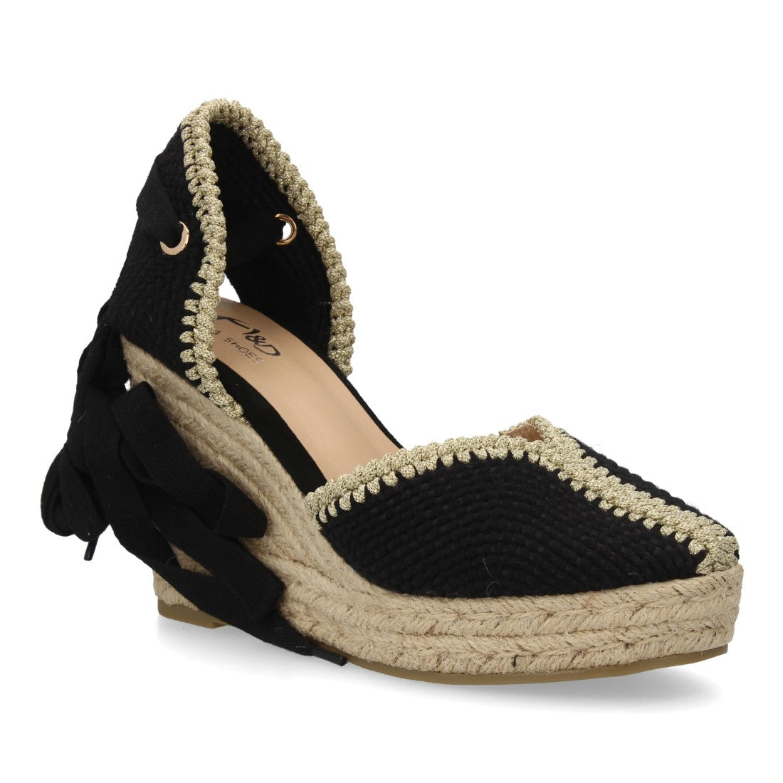 Alpargata cuña mujer negra cintas y ribete decorativo