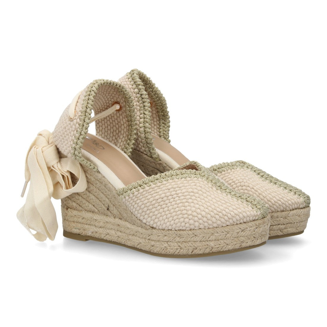 Alpargata cuña mujer beige con cintas decorativas y esparto