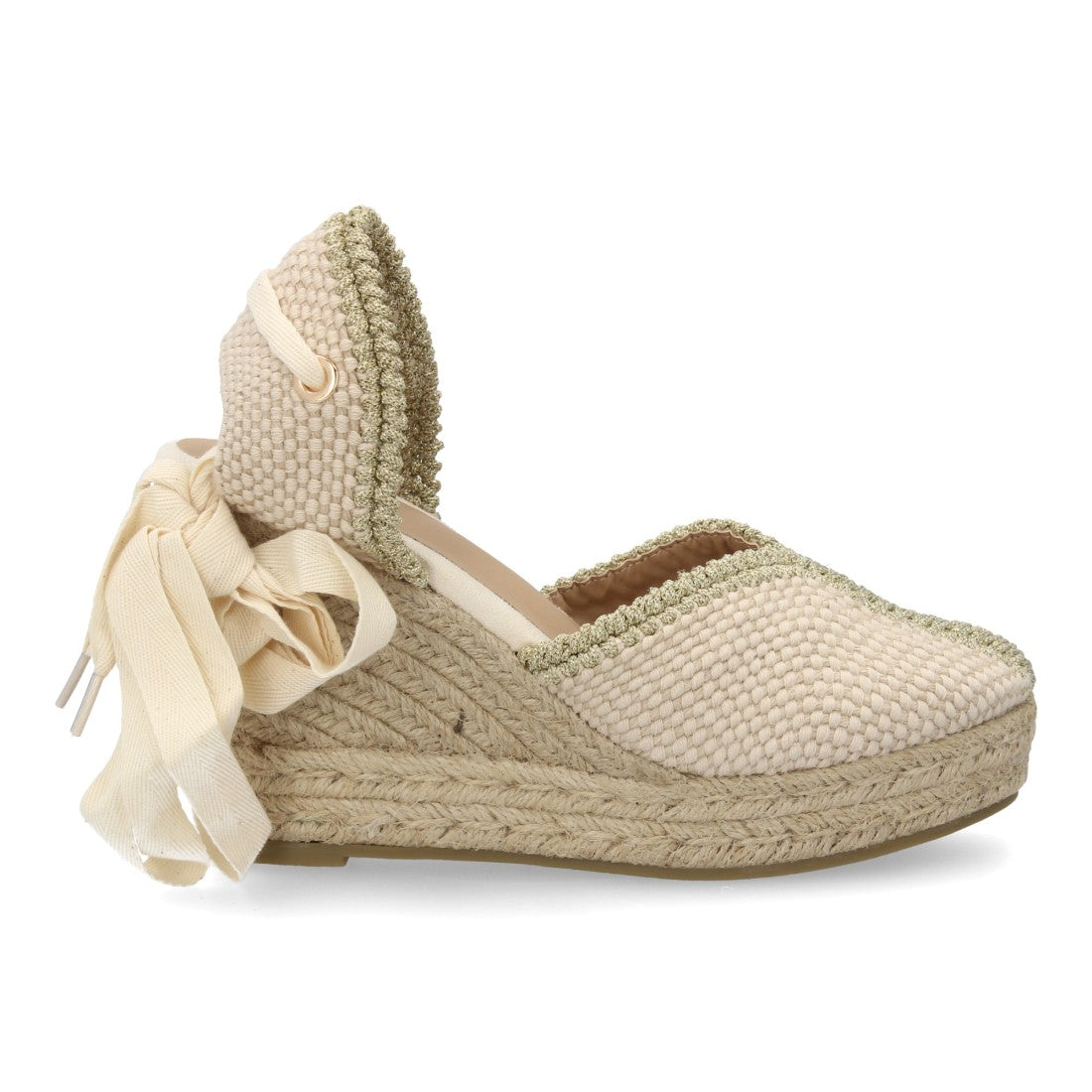Alpargata cuña mujer beige con cintas decorativas y esparto